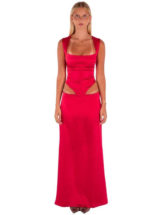 Hire I AM DELILAH. Valerie Set Corset and Maxi Skirt Cherry Red – SUSTAINABLY. The Dress Hire