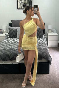 Hire DECONDUARTE Paradiso Lace Mini Dress in Baby Yellow