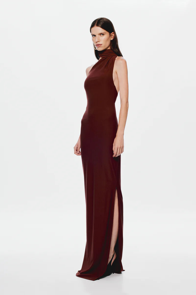 misha dress brown Hire MISHA Nicolette Jersey Maxi Dress in Fig Brown SUSTAINABLY. The Dress Hire