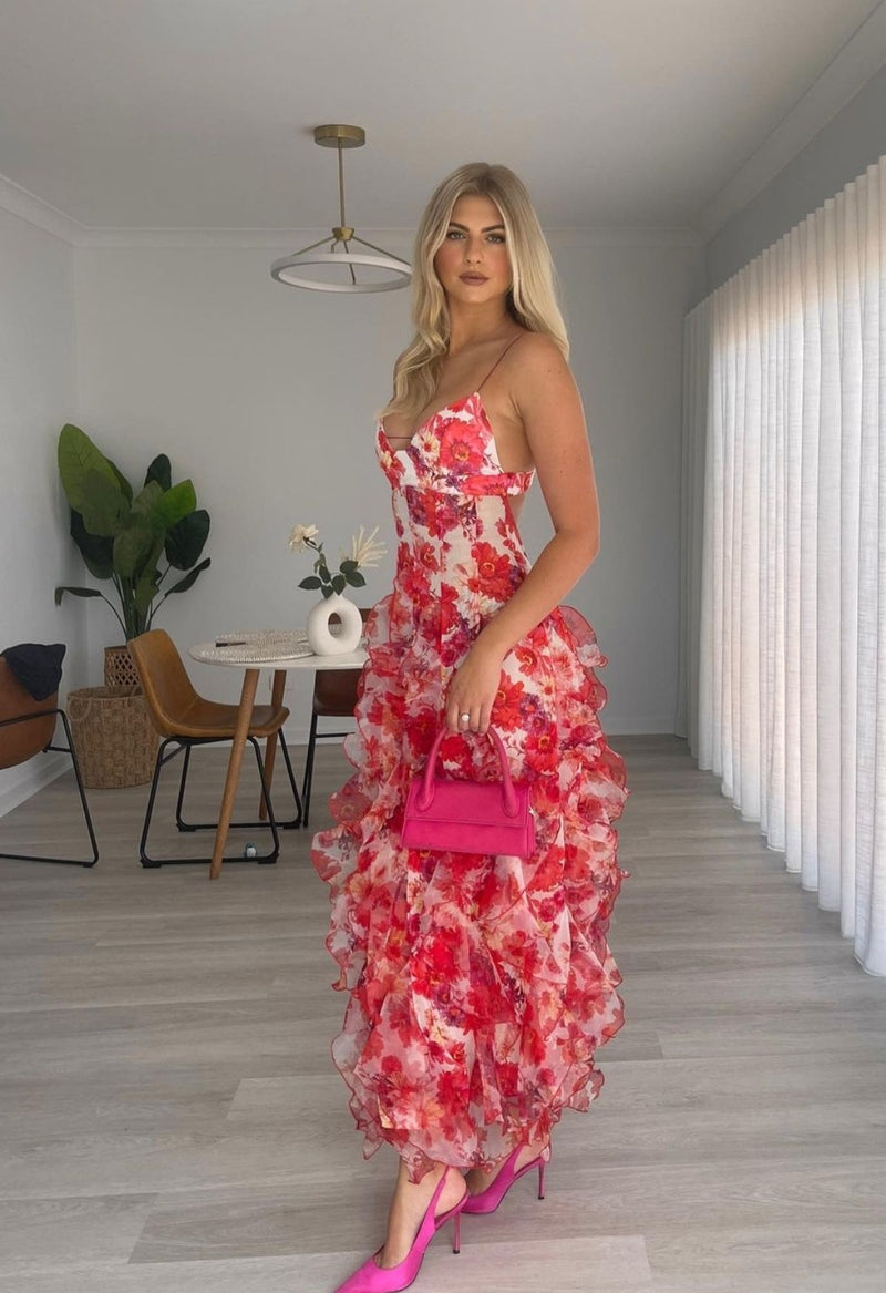 strapless open back dress Elegant Red Slinky Slip Dress