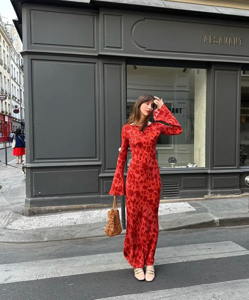 fitted lace wedding dress Hire REALISATION PAR The Gia Long Sleeve Maxi Dress in Havana Red –  SUSTAINABLY. The Dress Hire