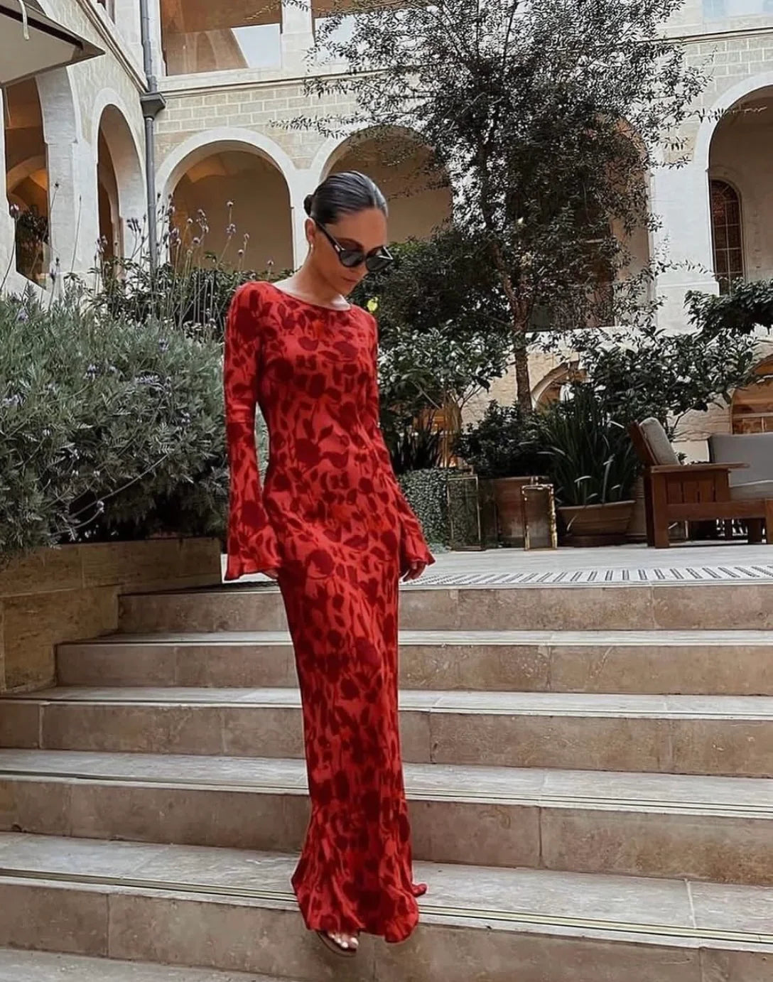 Hire REALISATION PAR The Gia Long Sleeve Maxi Dress in Havana Red – SUSTAINABLY. The Dress Hire