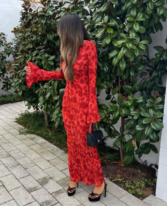 Hire REALISATION PAR The Gia Long Sleeve Maxi Dress in Havana Red – SUSTAINABLY. The Dress Hire