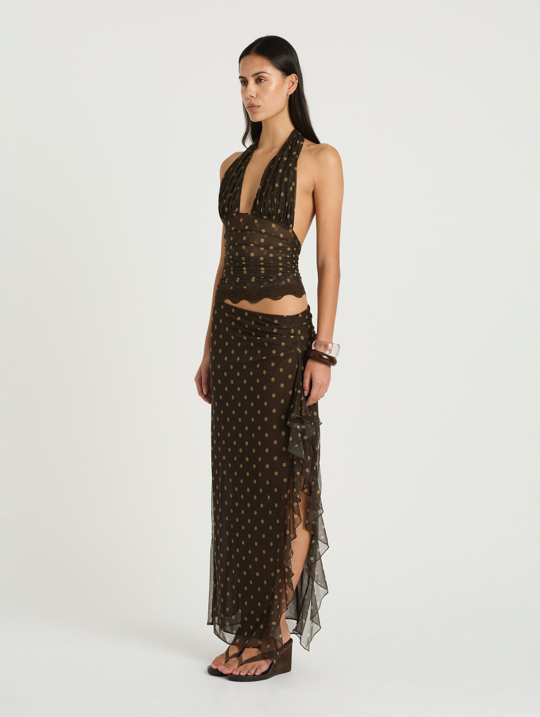 Hire BENNI Penelope Halter Maxi Dress in Espresso Polka Dot