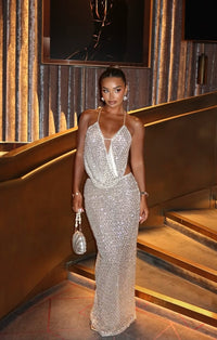Hire SYDNEY LANE Crystal Sequin Top/Maxi Skirt Set in Diamond Semi Sheer