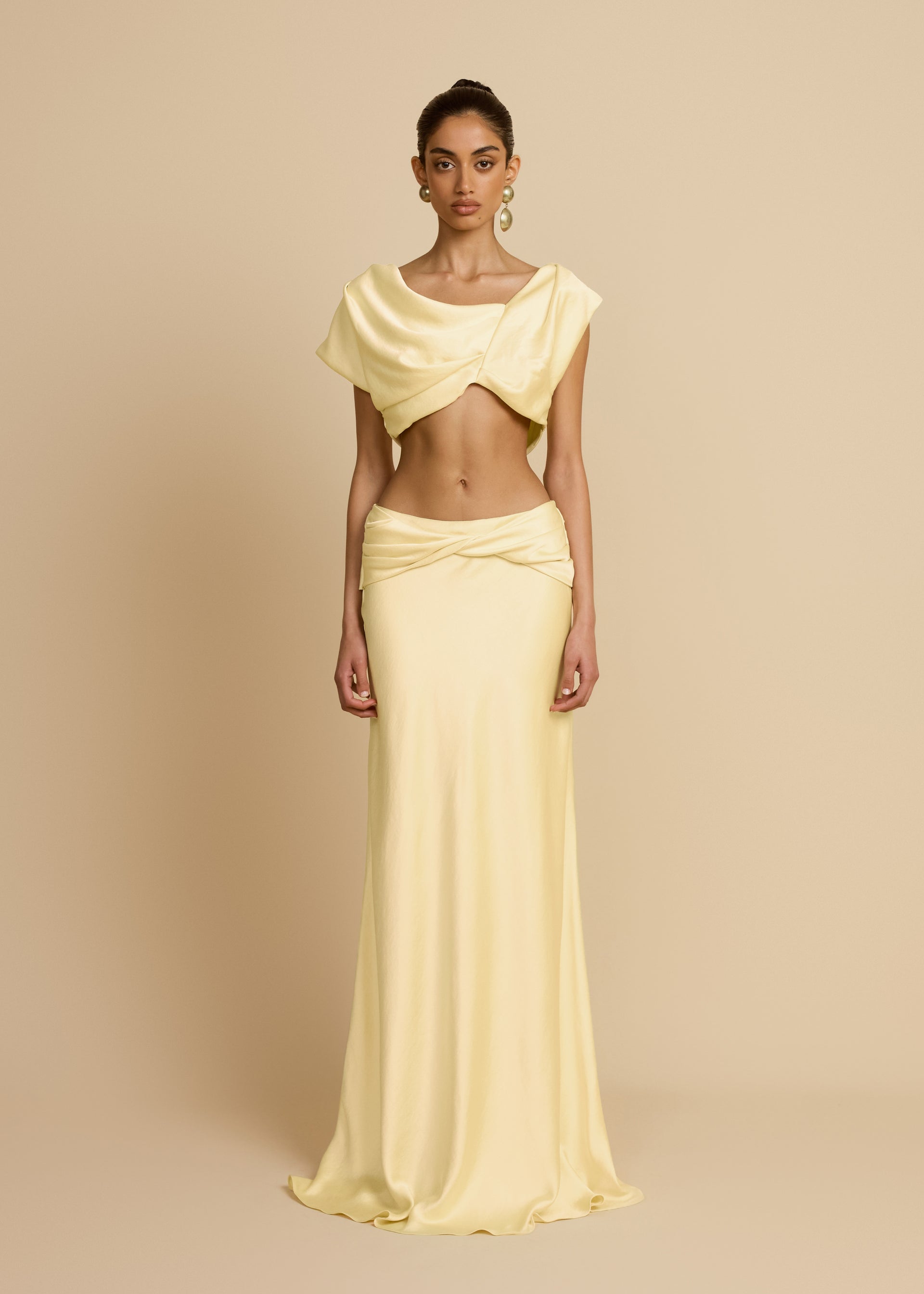 Hire ARCINA ORI Set Andi Maxi Skirt and Crop Top in Butter Yellow Gold