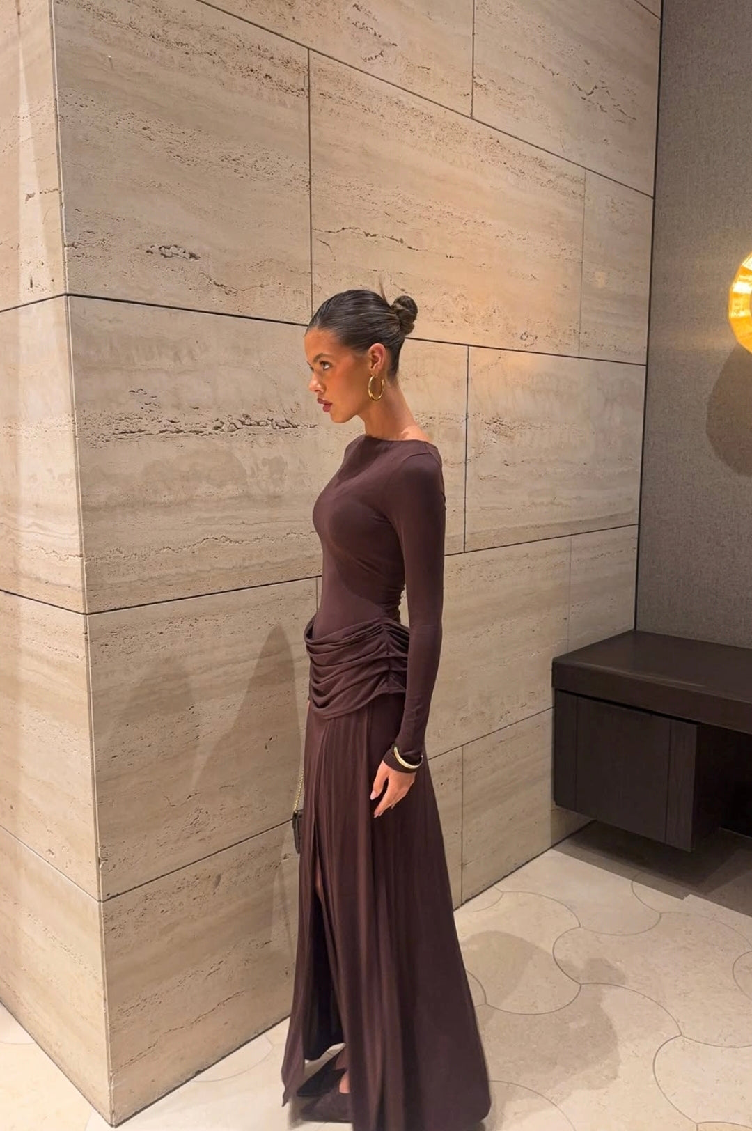 Hire SNEAKY LINK Ella Squire Long Sleeve Maxi Dress in Chocolate Brown