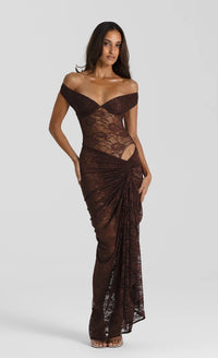 Hire NATALIE ROLT Aubrey Lace Dress in Chocolate Brown