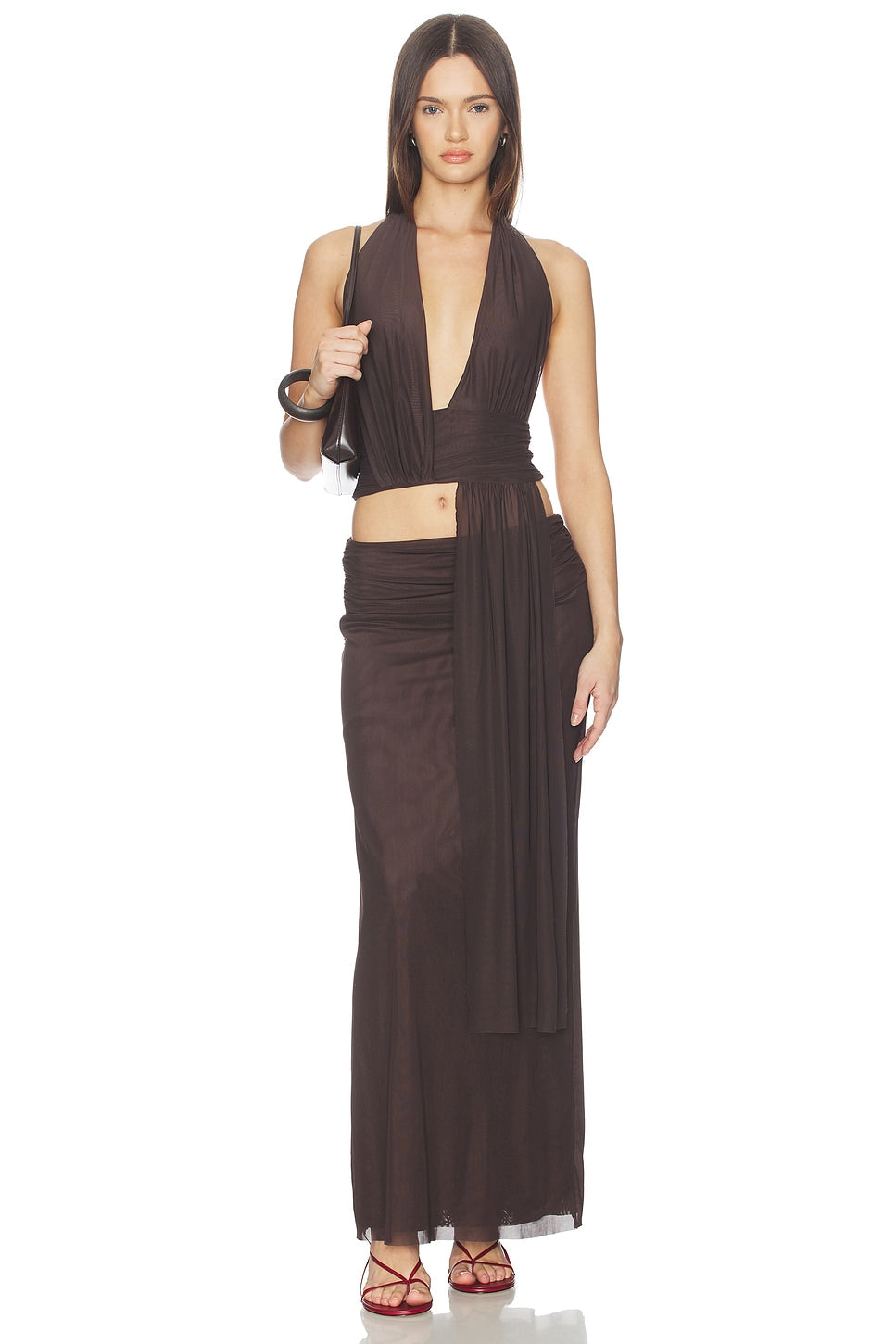 Hire BEC+BRIDGE Eva Set Maxi Skirt and Eva Drape Top in Dark Chocolate