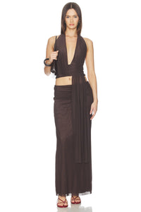 Hire BEC+BRIDGE Eva Set Maxi Skirt and Eva Drape Top in Dark Chocolate