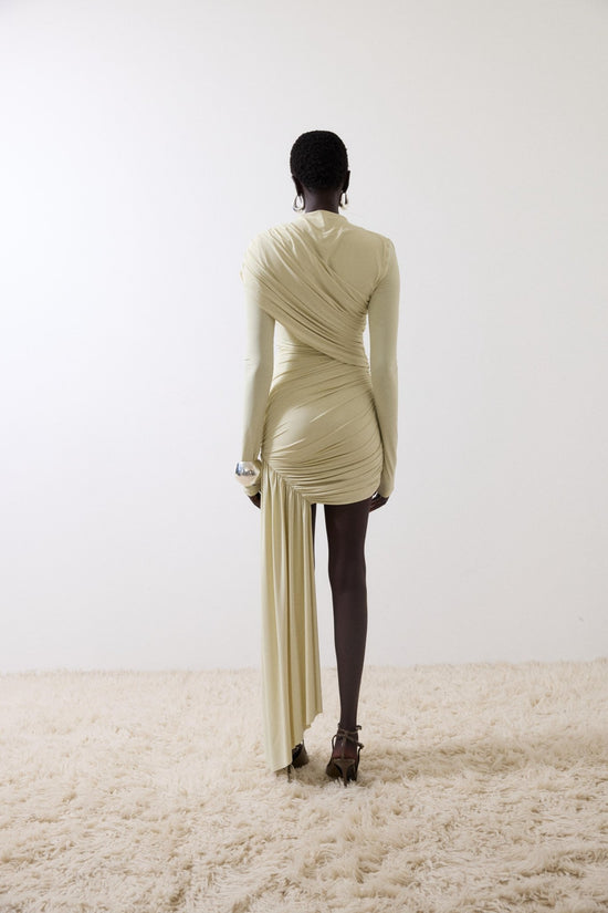 Hire DE LA VALI Ravenna Ravel Longsleeve Mini Dress in Ivory Buttercream Jersey