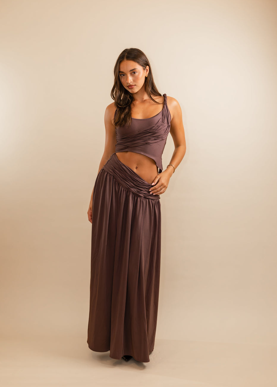 Hire KOSTER KULTURE Set Calypso Maxi Skirt and Top in Plum Brown