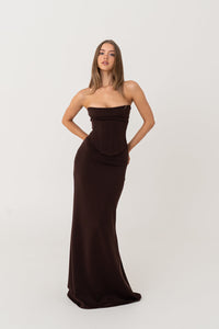 Hire HNTR Louie Gown in Brown 2 Piece Set Corset and Maxi Skirt