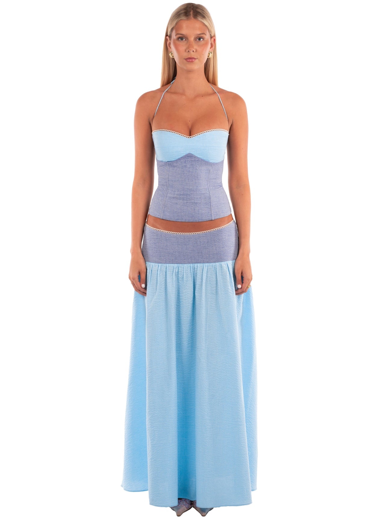 Hire I AM DELILAH. Adeline SET Maxi Skirt and Corset Top in Storm Blue