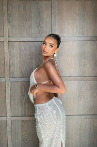 Hire SYDNEY LANE Crystal Sequin Top/Maxi Skirt Set in Diamond Semi Sheer