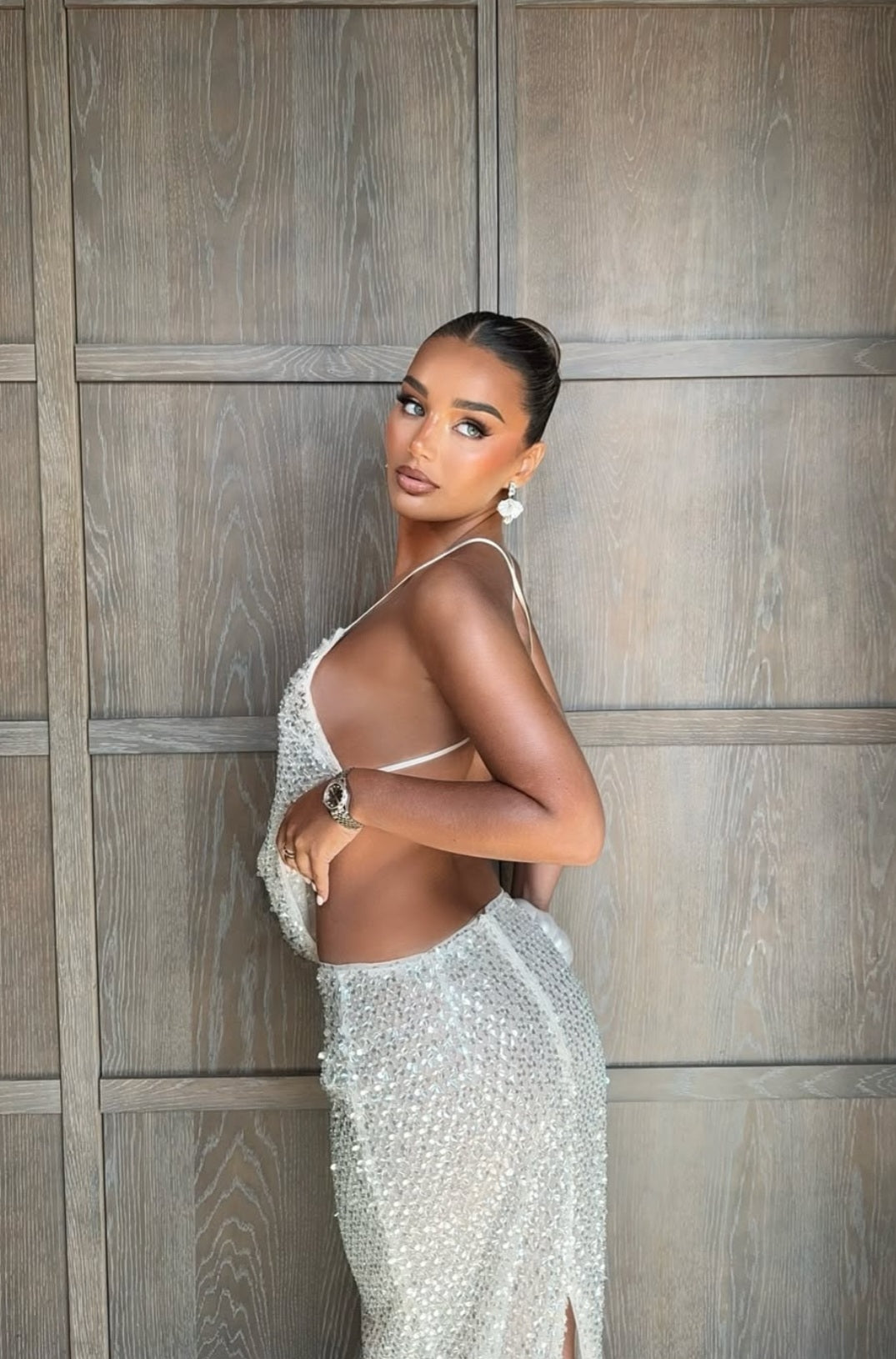 Hire SYDNEY LANE Crystal Sequin Top/Maxi Skirt Set in Diamond Semi Sheer