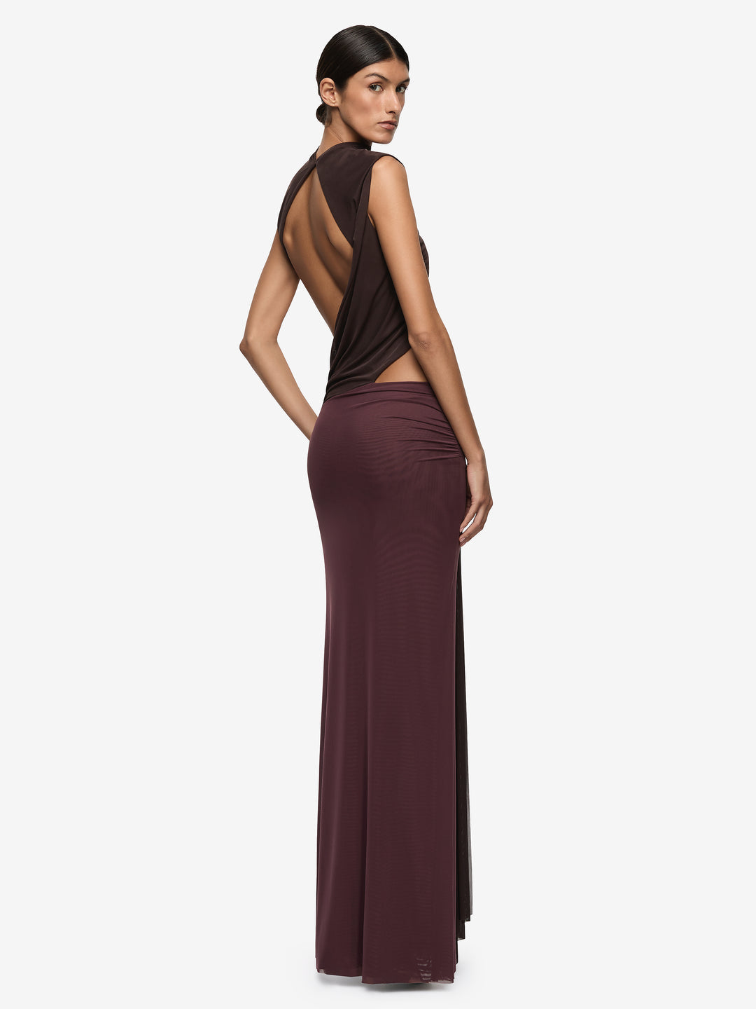Hire BEC+BRIDGE Conni Asym Midi Dress in Aubergine/ Dark Chocolate Brown