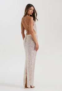 Hire SYDNEY LANE Crystal Sequin Top/Maxi Skirt Set in Diamond Semi Sheer