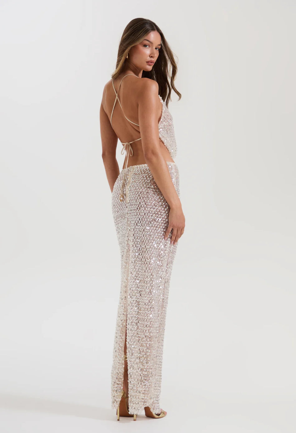 Hire SYDNEY LANE Crystal Sequin Top/Maxi Skirt Set in Diamond Semi Sheer