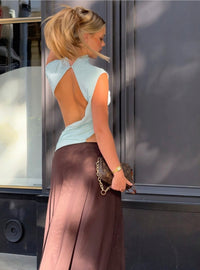 Hire BEC+BRIDGE Conni Asym Midi Dress in Arctic Blue/ Dark Chocolate Brown
