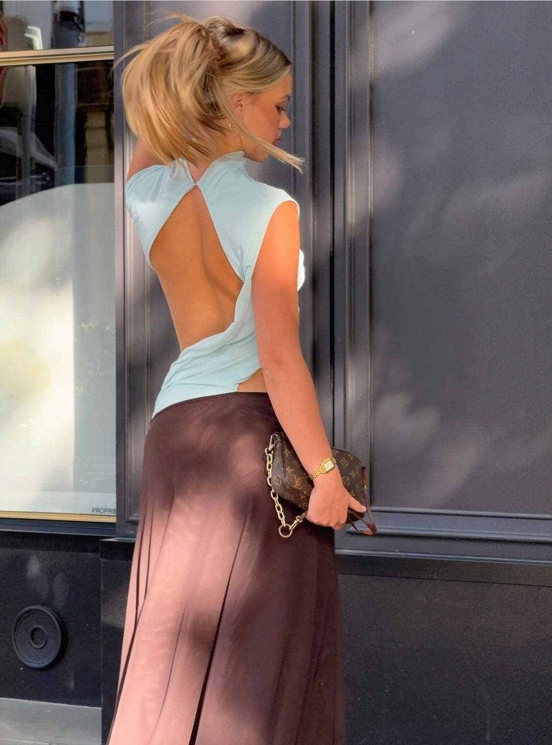 Hire BEC+BRIDGE Conni Asym Midi Dress in Arctic Blue/ Dark Chocolate Brown