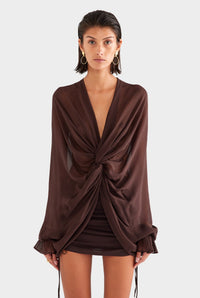 Hire VENROY Twisted Bodice Silk Mini Dress in Chocolate Brown