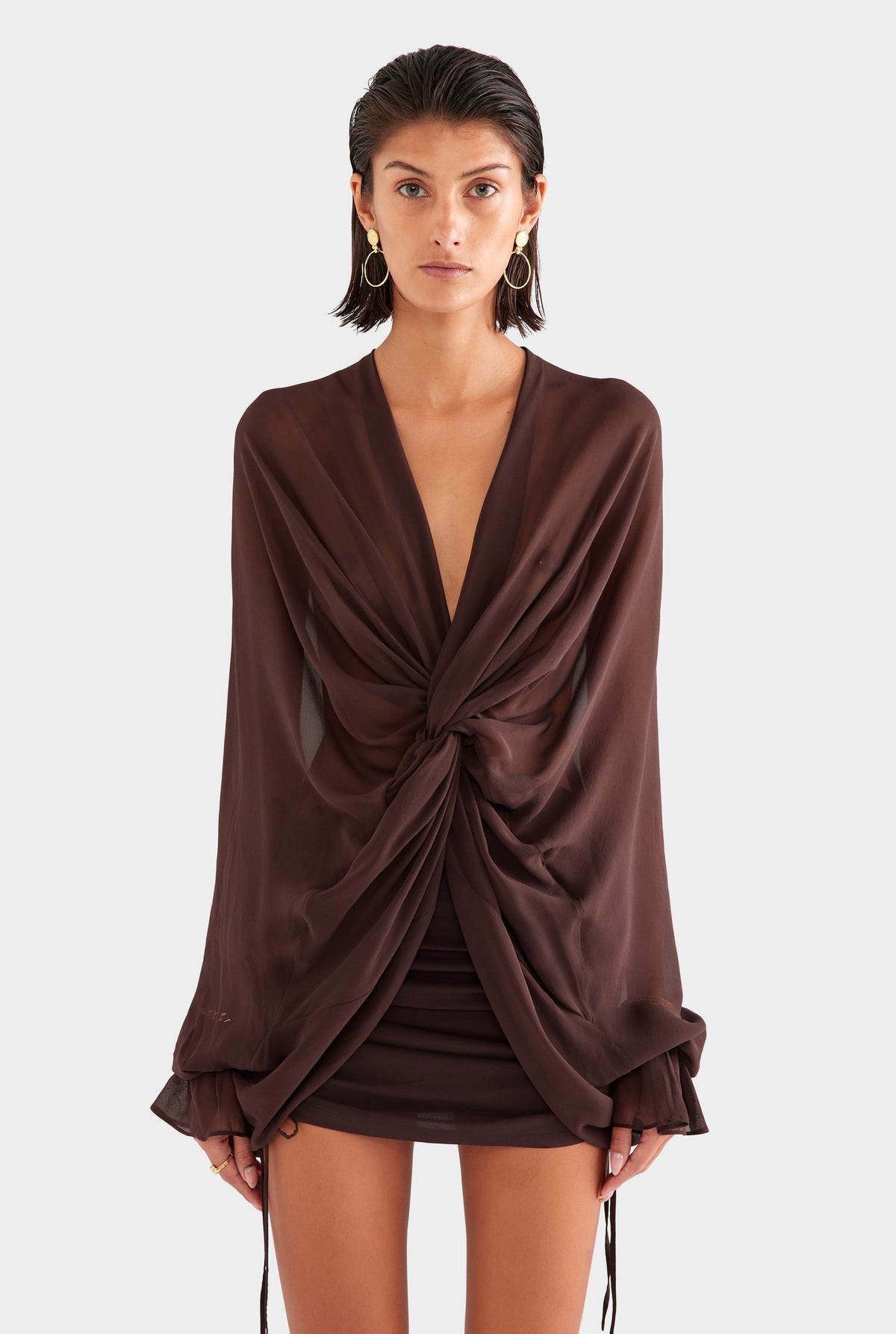 Hire VENROY Twisted Bodice Silk Mini Dress in Chocolate Brown