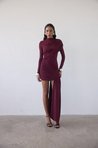 Hire DE LA VALI Ravenna Ravel Longsleeve Mini Dress in Earth Wine Red