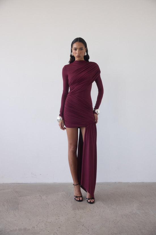 Hire DE LA VALI Ravenna Ravel Longsleeve Mini Dress in Earth Wine Red