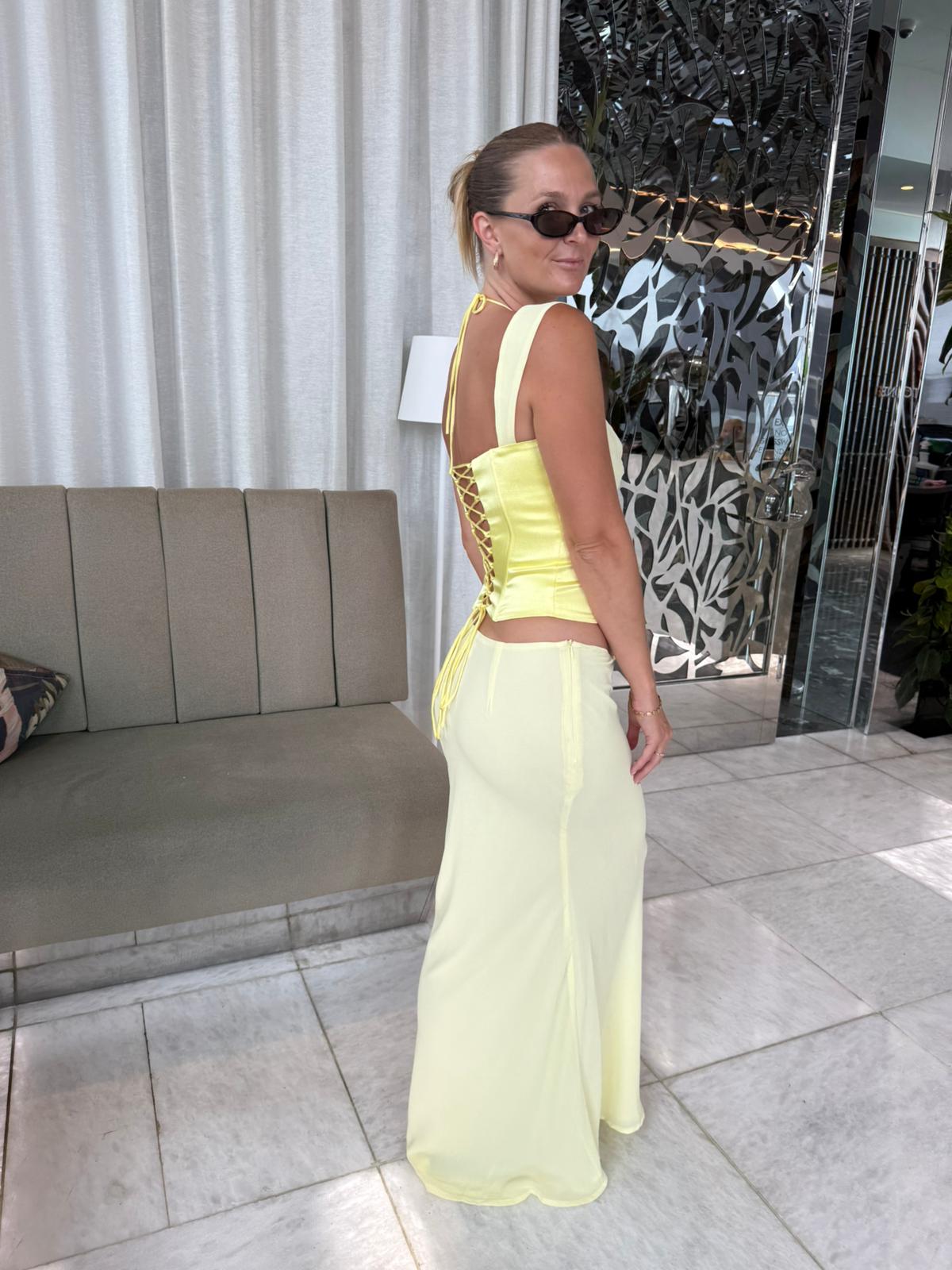Hire I AM DELILAH. Scarlett SET Maxi Skirt and Corset Top in Butter Yellow