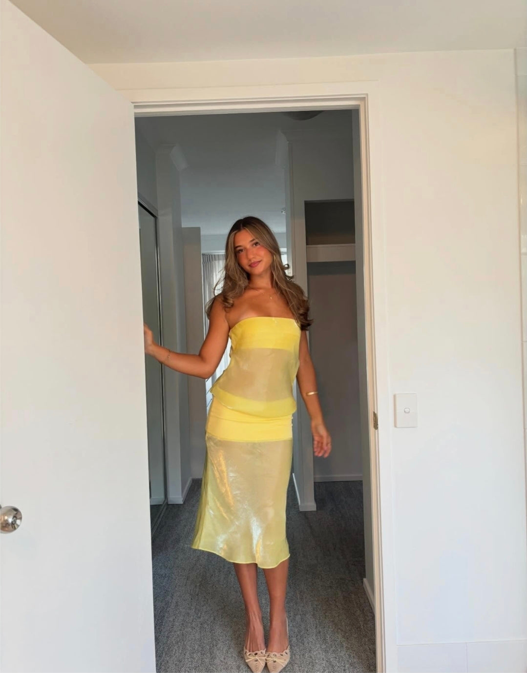 Hire MODE MISCHIEF Melt Panel Dress in Limoncello Yellow (midi length)