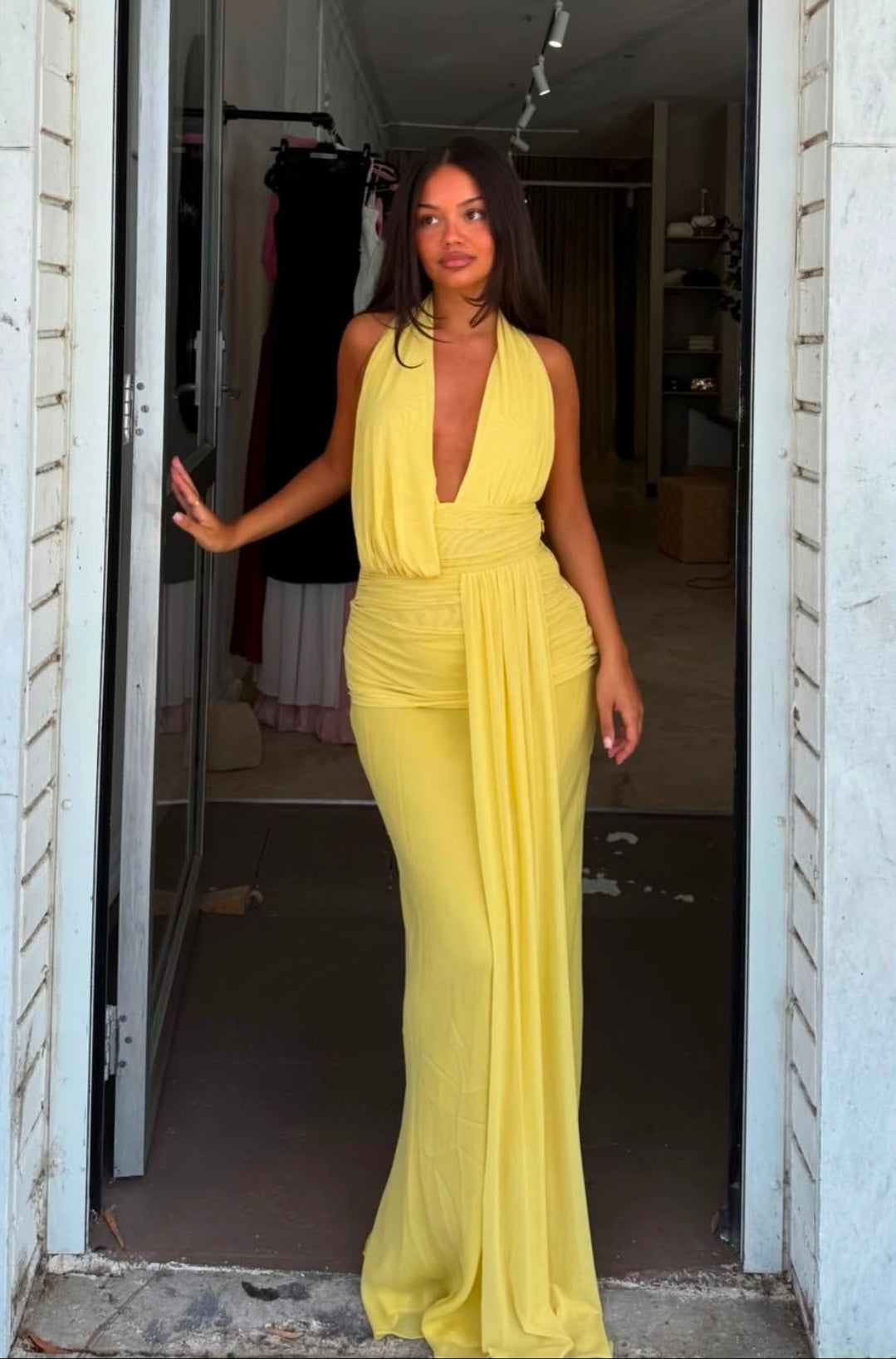 Hire BEC+BRIDGE Cassis Drape Maxi Dress in Citron