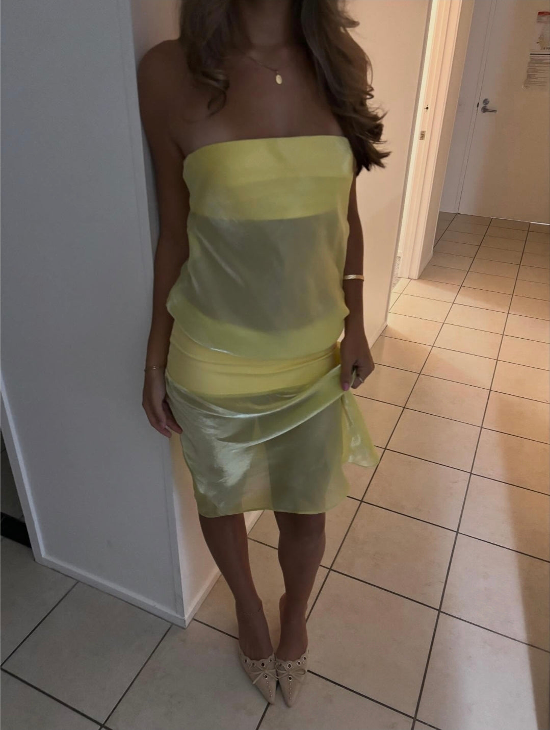Hire MODE MISCHIEF Melt Panel Dress in Limoncello Yellow (midi length)
