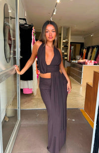 Hire BEC+BRIDGE Eva Set Maxi Skirt and Eva Drape Top in Dark Chocolate