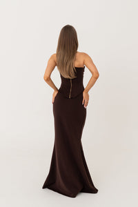 Hire HNTR Louie Gown in Brown 2 Piece Set Corset and Maxi Skirt