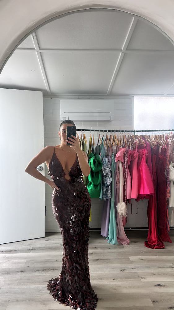 boys brown dress shoe Hire MISHA Sapphire Sequin Maxi Dress in Fig Brown – SUSTAINABLY. The Dress  Hire