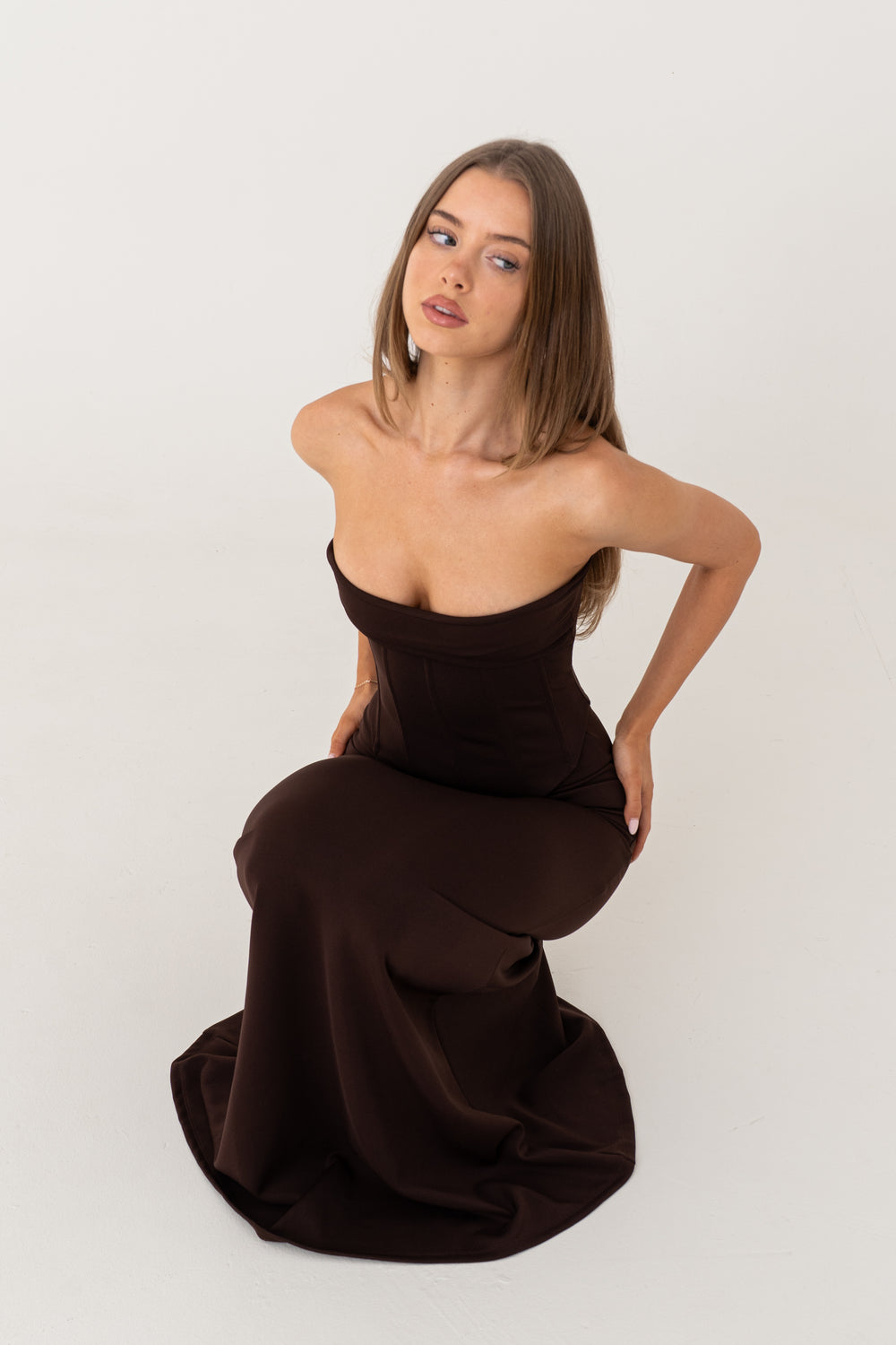 Hire HNTR Louie Gown in Brown 2 Piece Set Corset and Maxi Skirt