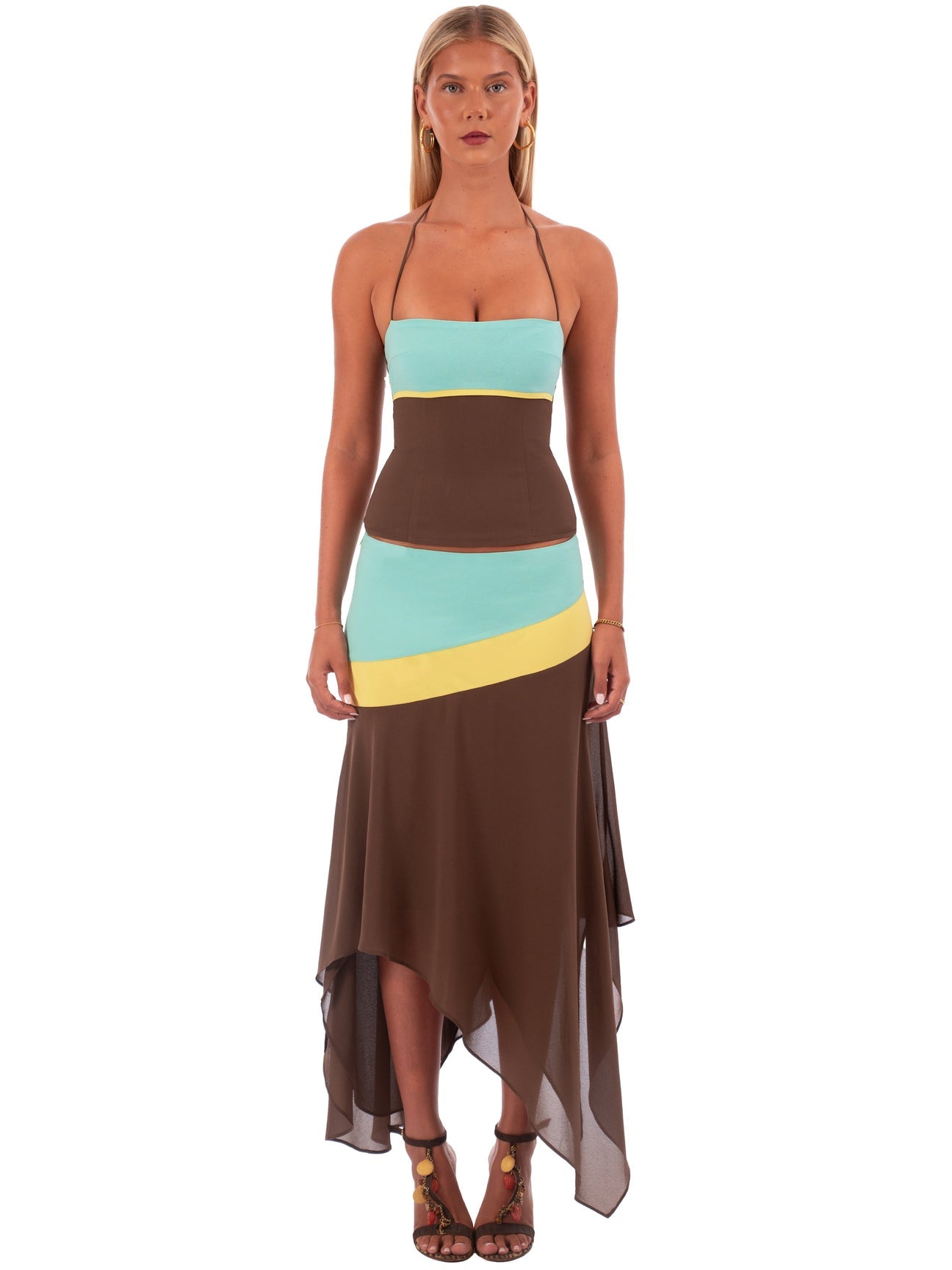 Hire I AM DELILAH. Iris SET Midi Skirt and Corset Top in Mocha Brown Blue