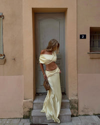 Hire ARCINA ORI Set Andi Maxi Skirt and Crop Top in Butter Yellow Gold