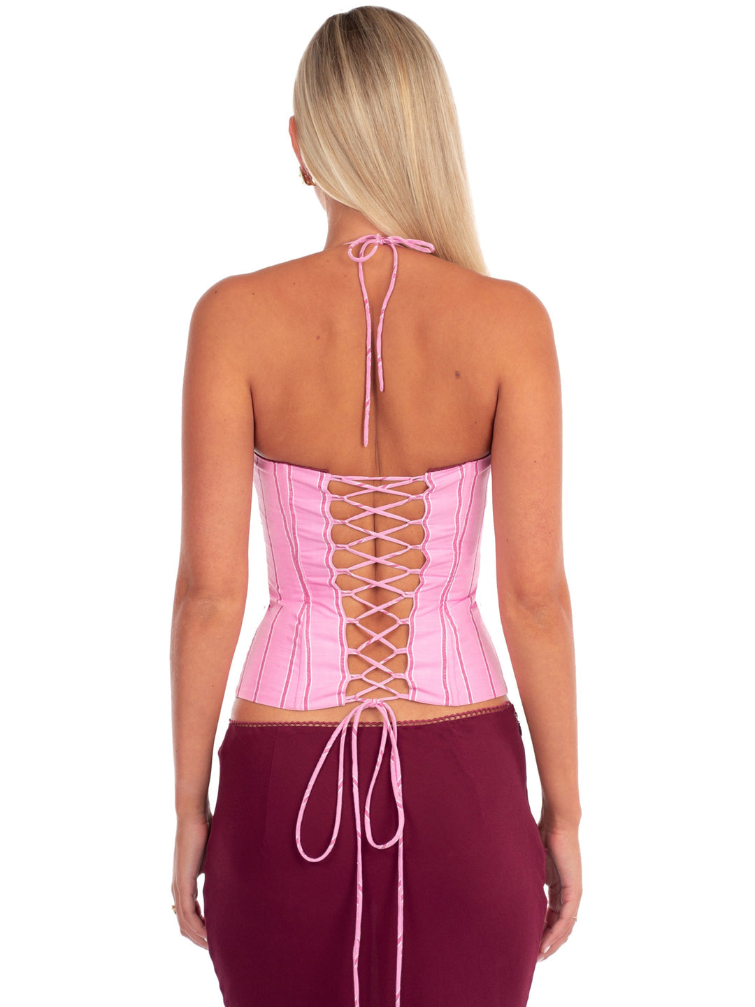 Hire I AM DELILAH. Angelina SET Maxi Skirt and Corset Top in Sangria Pink