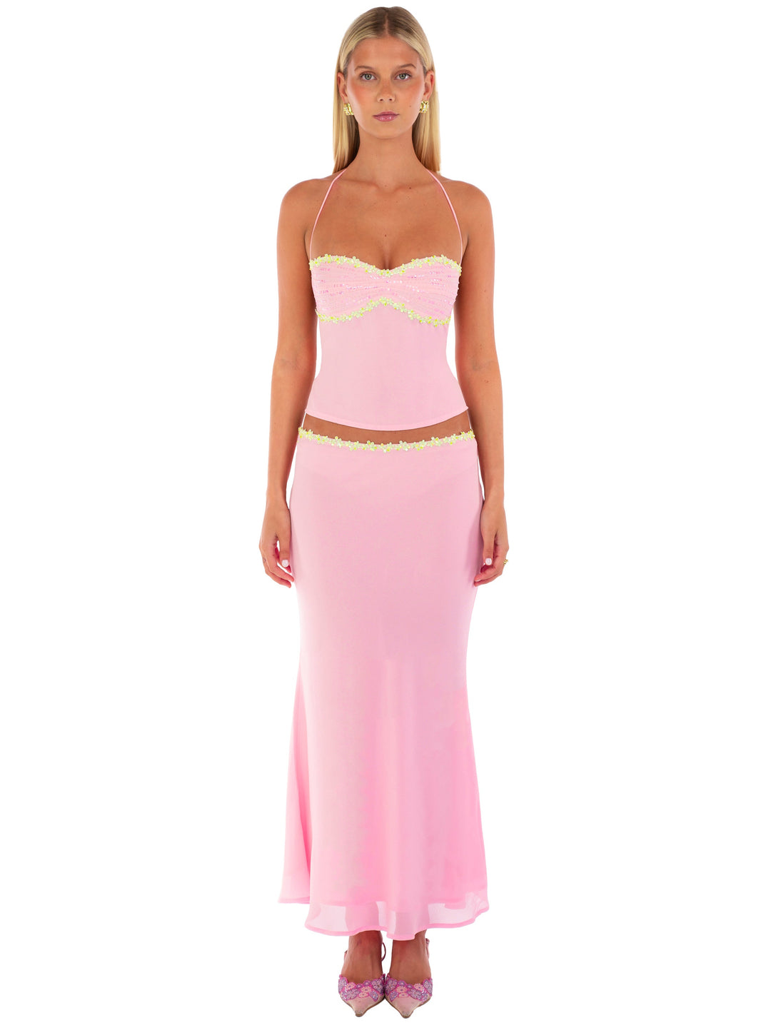 Hire I AM DELILAH. Jemima SET Midi Skirt and Halter Top in Lemonade Pink