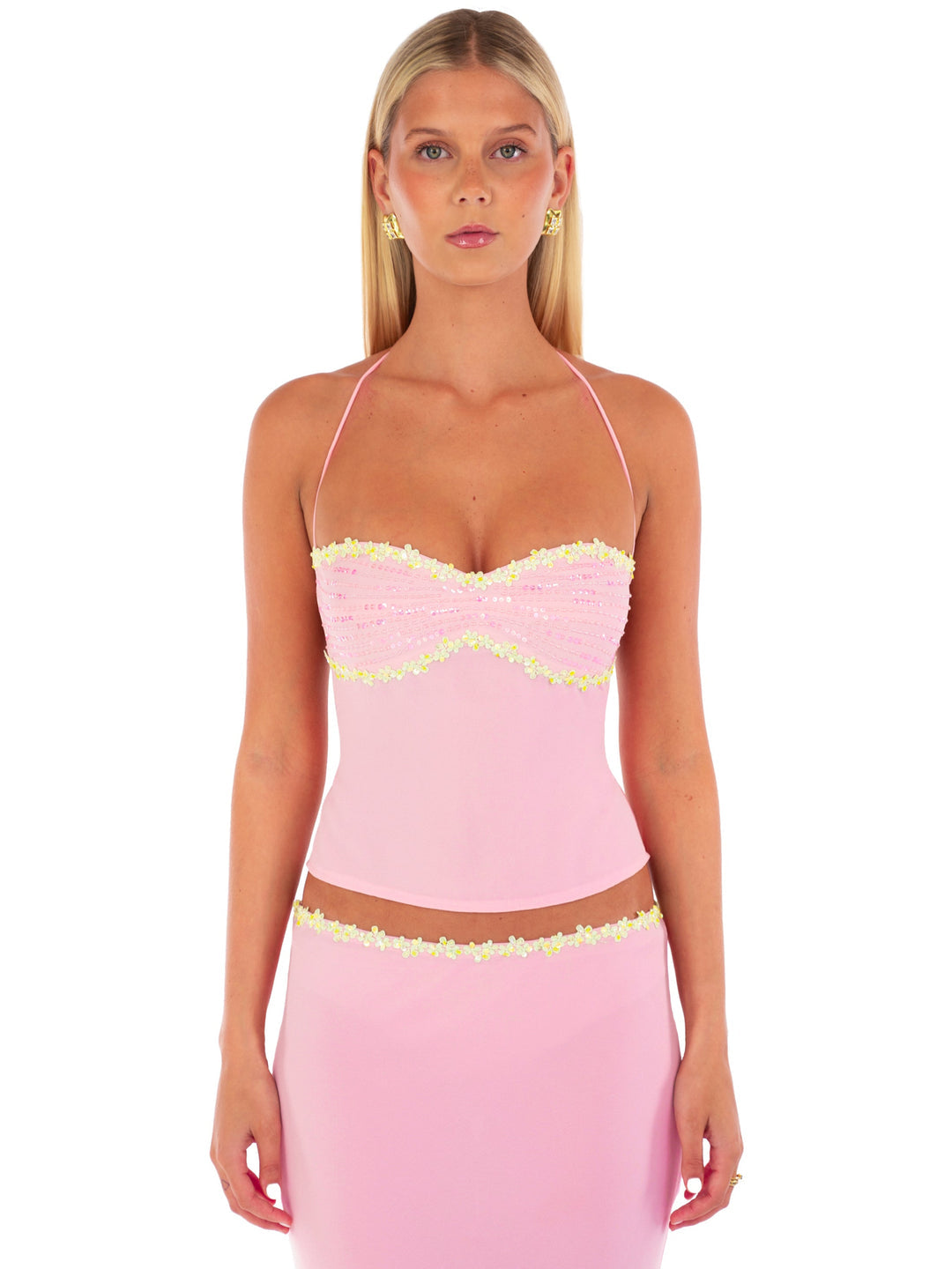 Hire I AM DELILAH. Jemima SET Midi Skirt and Halter Top in Lemonade Pink