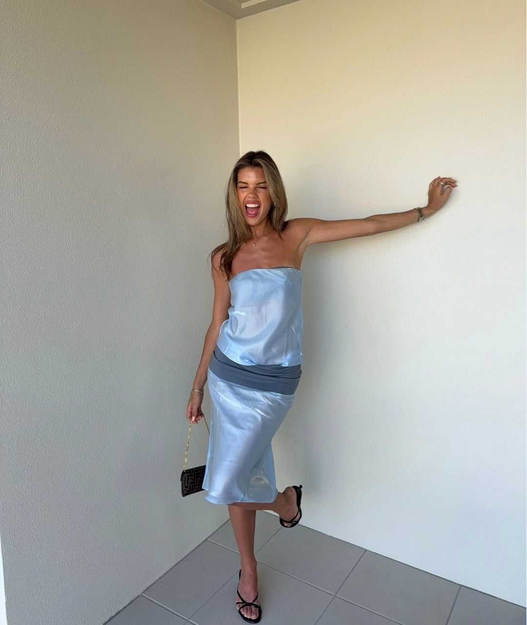 Hire MODE MISCHIEF Melt Panel Dress in Jellyfish Soft Blue (midi length)