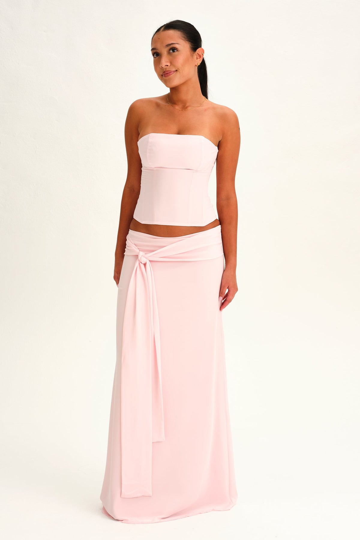 Hire DEAR FRANKIE SABELLE Charlotte Set Maxi Skirt and Corset Top in Ballerina Pink