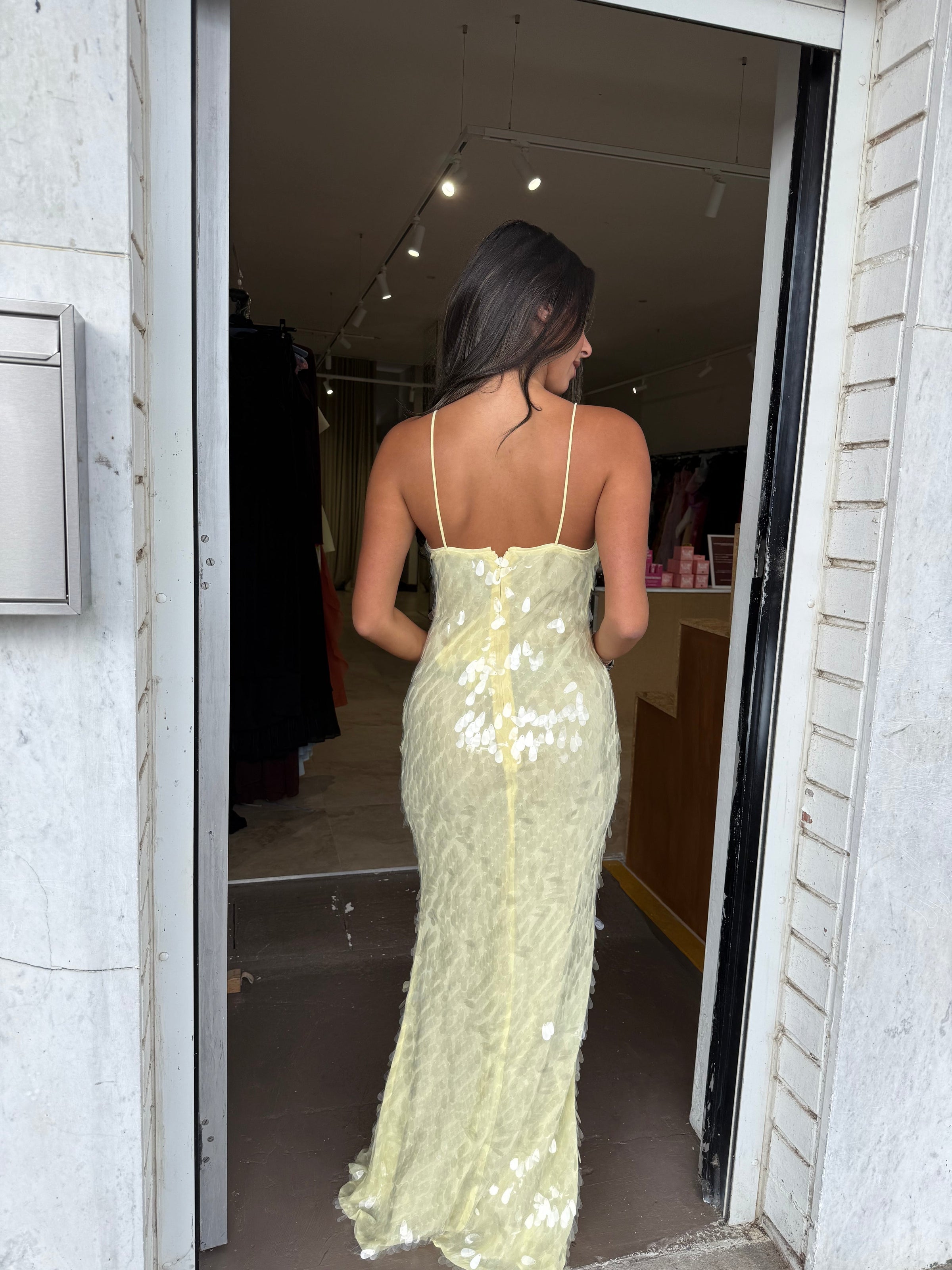 Hire MISHA Sapphire Sequin Maxi Dress in Lemon Yellow