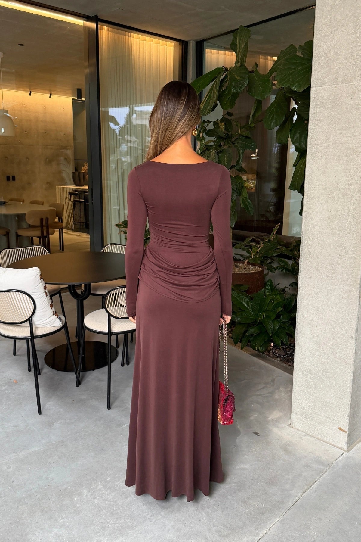 Hire SNEAKY LINK Ella Squire Long Sleeve Maxi Dress in Chocolate Brown