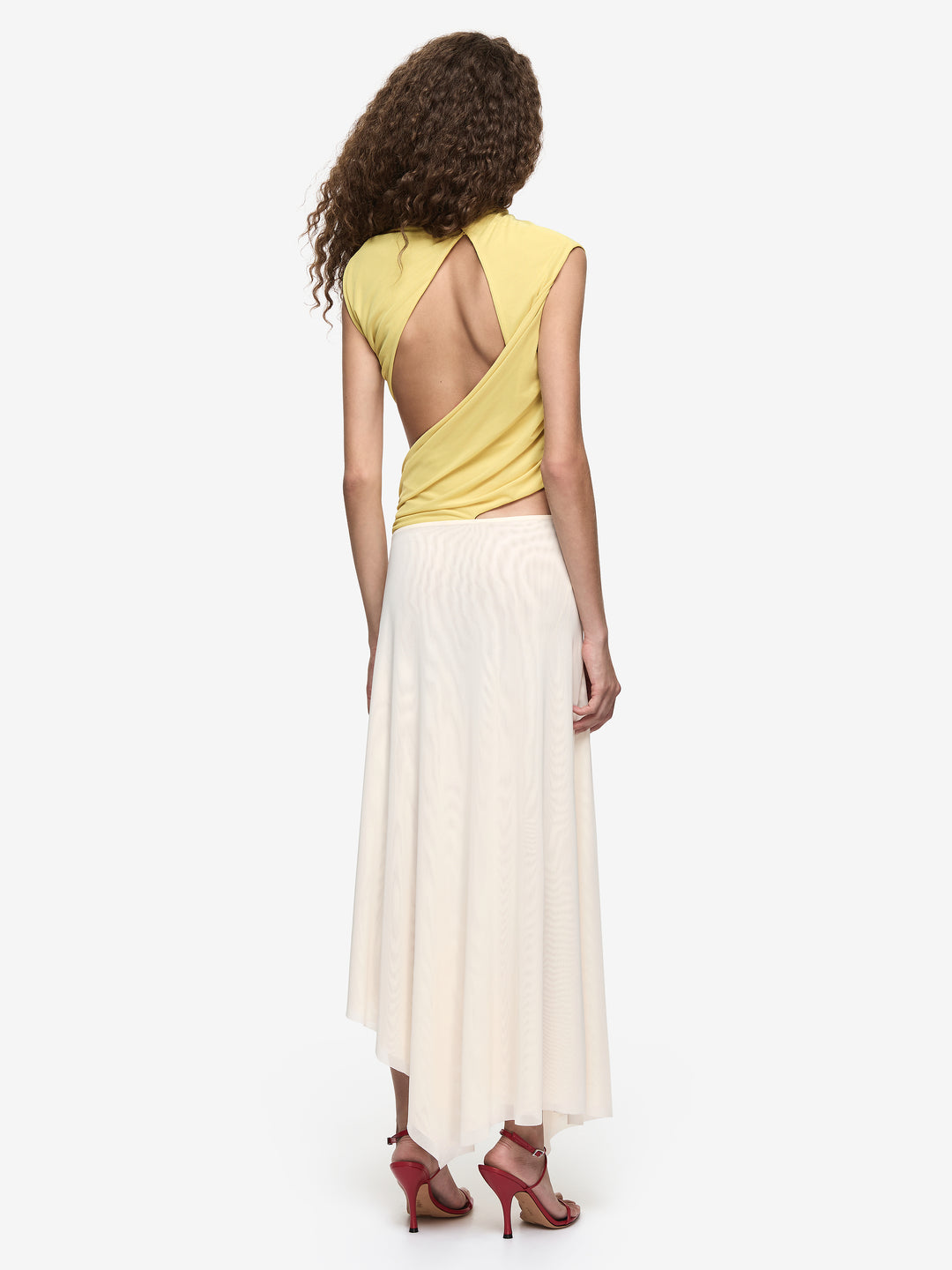 Hire BEC+BRIDGE Conni Asym Midi Dress in Citron / Buttercream Yellow Ivory