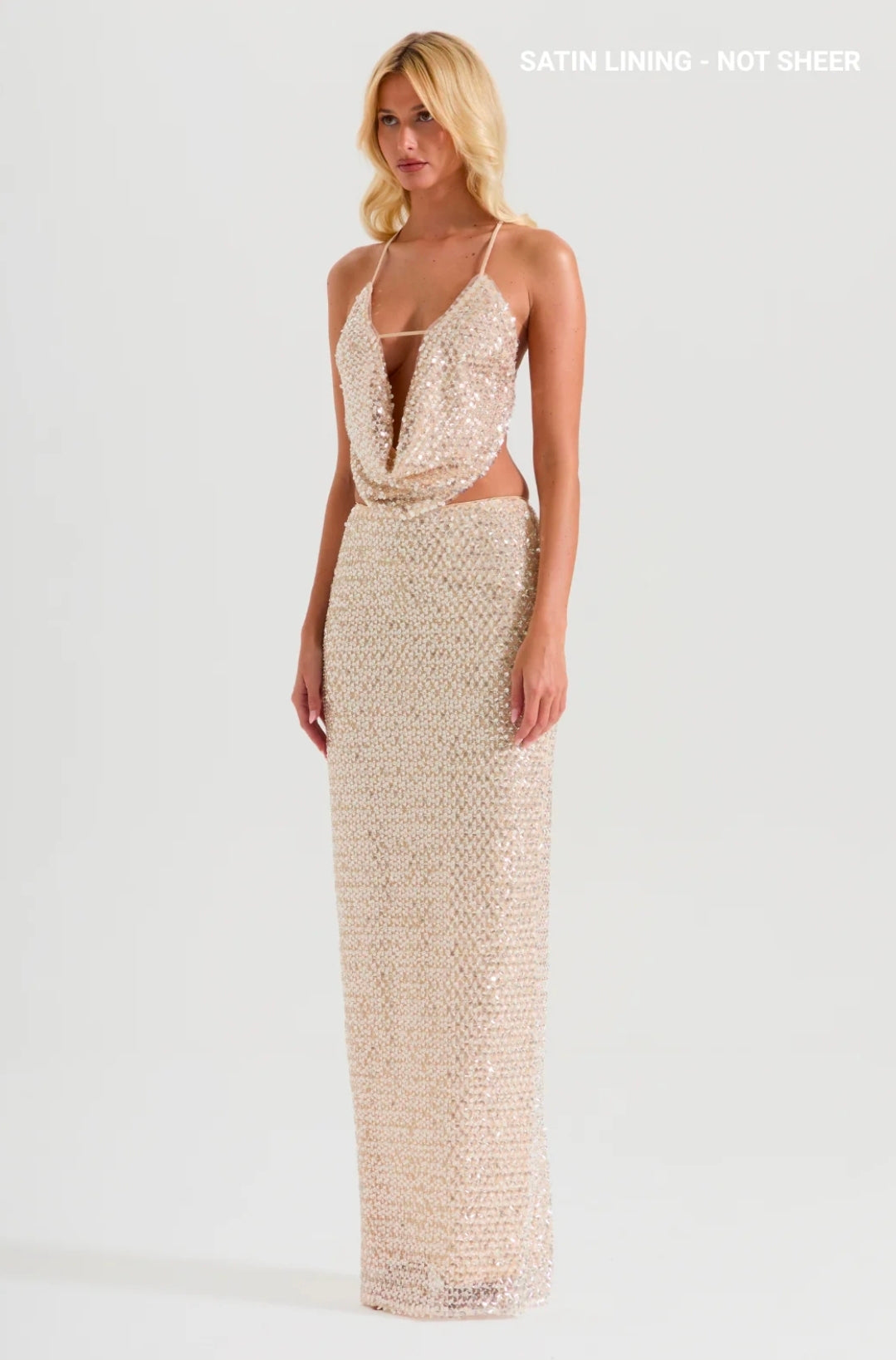 Hire SYDNEY LANE Set Crystal Quartz Draped Top + Maxi Skirt Satin Lined