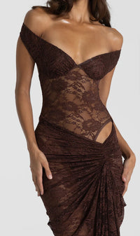Hire NATALIE ROLT Aubrey Lace Dress in Chocolate Brown