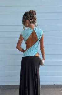 Hire BEC+BRIDGE Conni Asym Midi Dress in Arctic Blue/ Dark Chocolate Brown